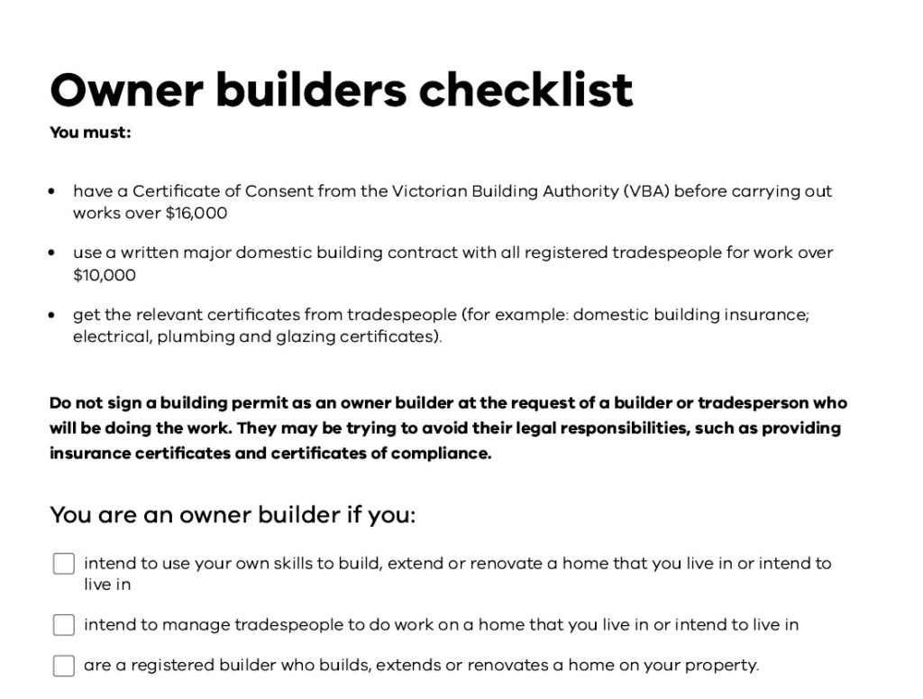 Owner Builder Victoria Checklist