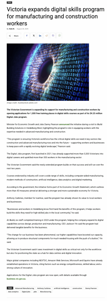 iBuild Featured in Australian Manufacturing Digital Jobs Programme Success Story