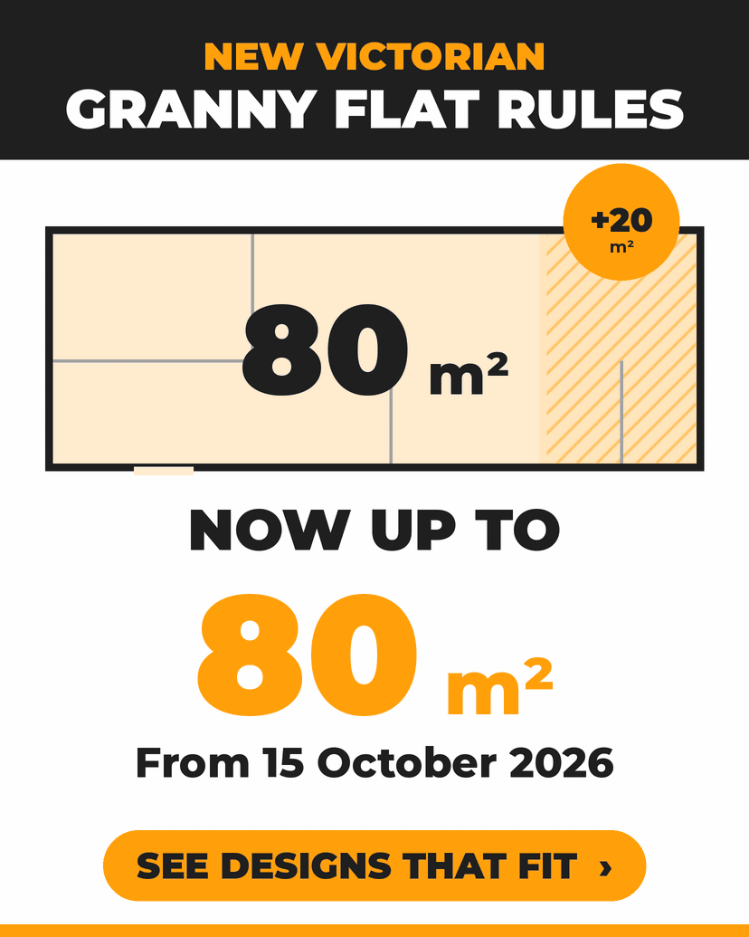 New Victorian granny flat rules: now up to 80 m² from 15 October 2026. See designs that fit.