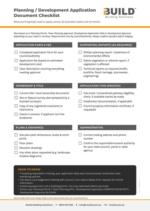 Preview of the iBuild Planning or Development Application document checklist